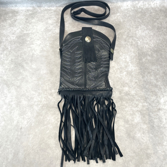 Unbranded Handbags - Vtg Black Leather Western Boot Fringe Crossbody Purse Indian Coin Blue Stitching